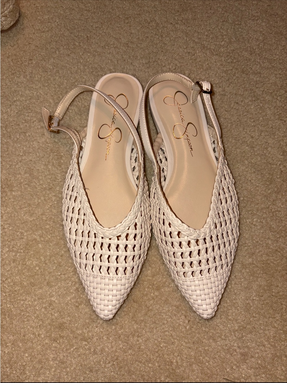 Jessica Simpson Cream Woven Pointed Slingback Mules
